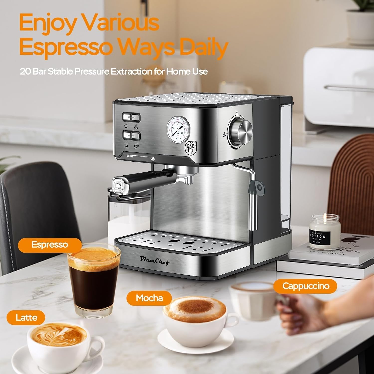 Plum chef 20 Bar Espresso Machine with Milk Frother, Dual Shot Coffee Maker, ESE Pod, Coffee Machine with Pressure Display, 54 OZ Removable Water Tank for Home Barista (Silver)