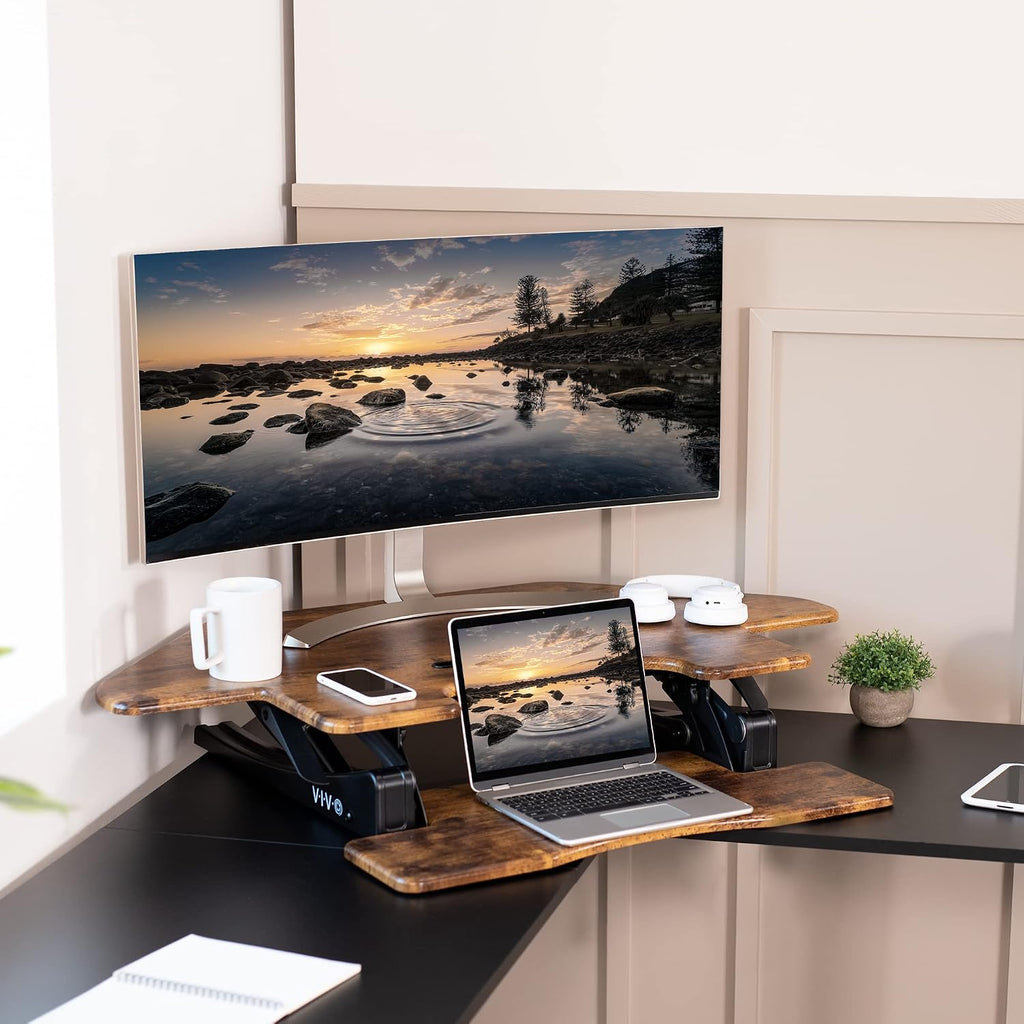 VIVO 43 inch Corner Height Adjustable Cubicle Stand Up Desk Converter, V Series, Quick Sit to Stand Tabletop Dual Monitor Riser Workstation, Rustic Vintage Brown, DESK-V000VCN