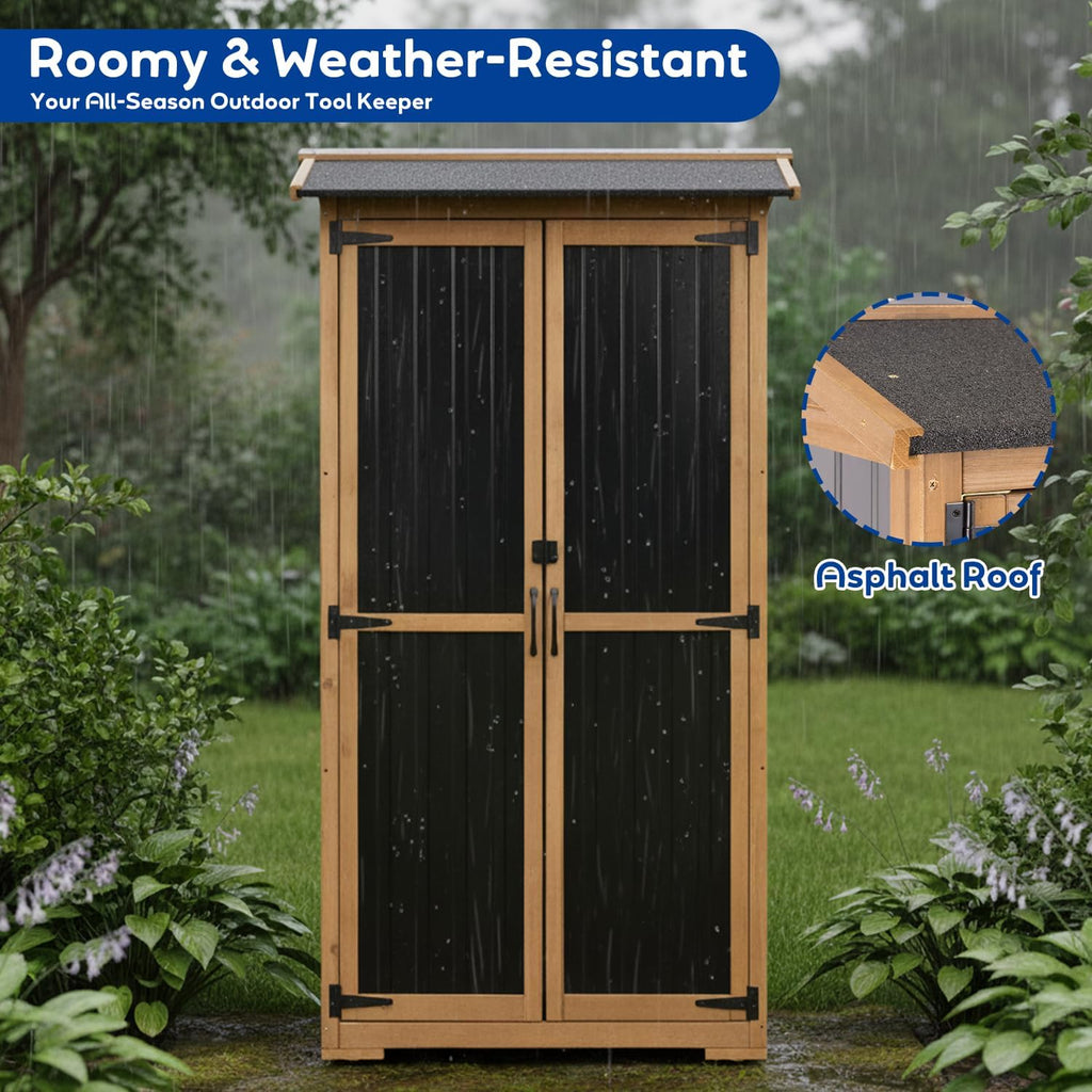 Outdoor Storage Cabinet Weather-Resistant, Wood & Metal Storage Shed with 3 Removable Shelves, Waterproof Roof, Adjustable Feet, Patio Storage Cabinet Outside for Garden Garage Backyard Pool
