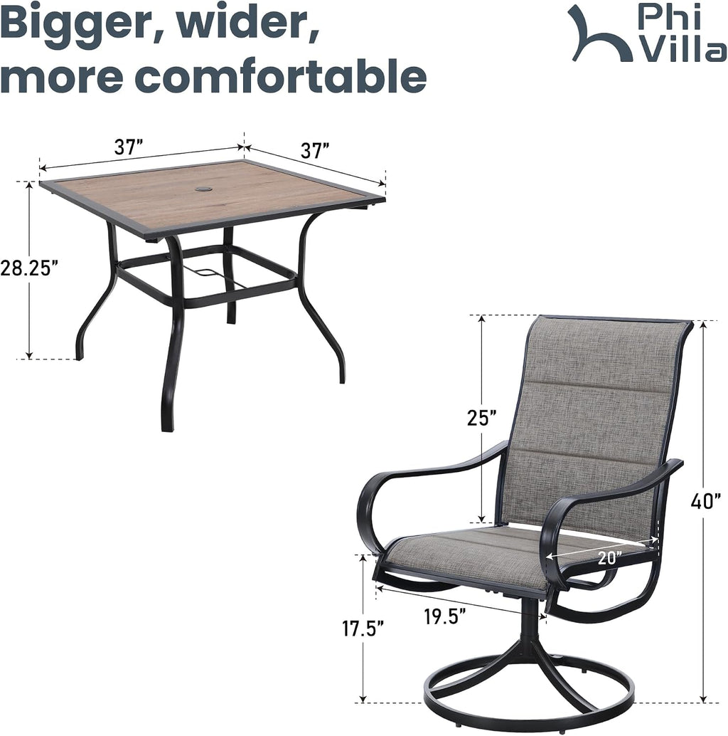 PHI VILLA 5 PCS Patio Dining Set with 4 Padded Outdoor Swivel Dining Chairs and 37'x 37' Premium PVC Table Top Dining Table(1.57' Umbrella Hole), Outdoor Dining Table & Chair Set for Deck Lawn Garden
