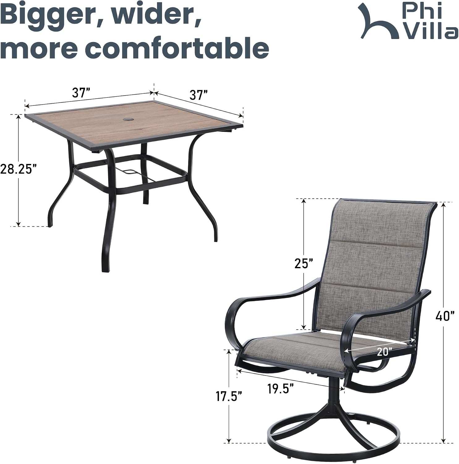 PHI VILLA 5 PCS Patio Dining Set with 4 Padded Outdoor Swivel Dining Chairs and 37'x 37' Premium PVC Table Top Dining Table(1.57' Umbrella Hole), Outdoor Dining Table & Chair Set for Deck Lawn Garden