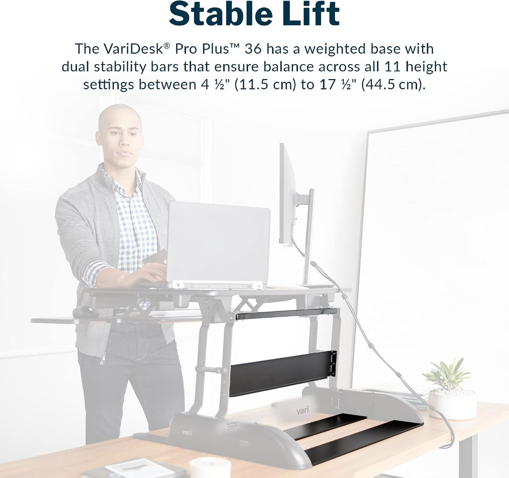 Vari VariDesk Pro Plus 36 - Adjustable Desk Converter with 11 Height Settings - Laptop Sit Stand Desk Riser for Home Office, Table Tops, Workspace - Fully Assembled with Spring Loaded Lift - Black
