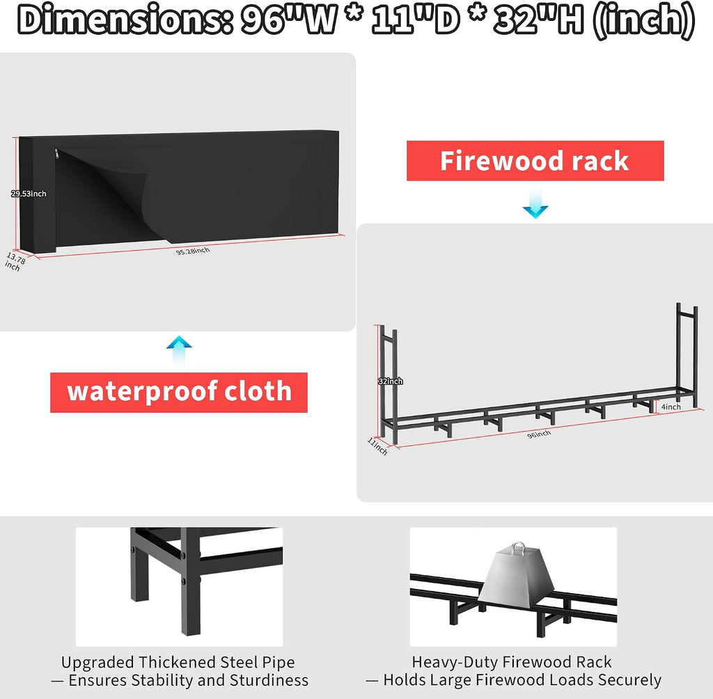 DIAMONDFORGE 8ft Firewood Rack Outdoor with Cover, Heavy Duty Fire Wood Stand, Metal Firewood Rack Indoor, Firewood Holder Storage, Log Wood Pile Racks Stand for Patio, Garden, Backyard, Matte Black