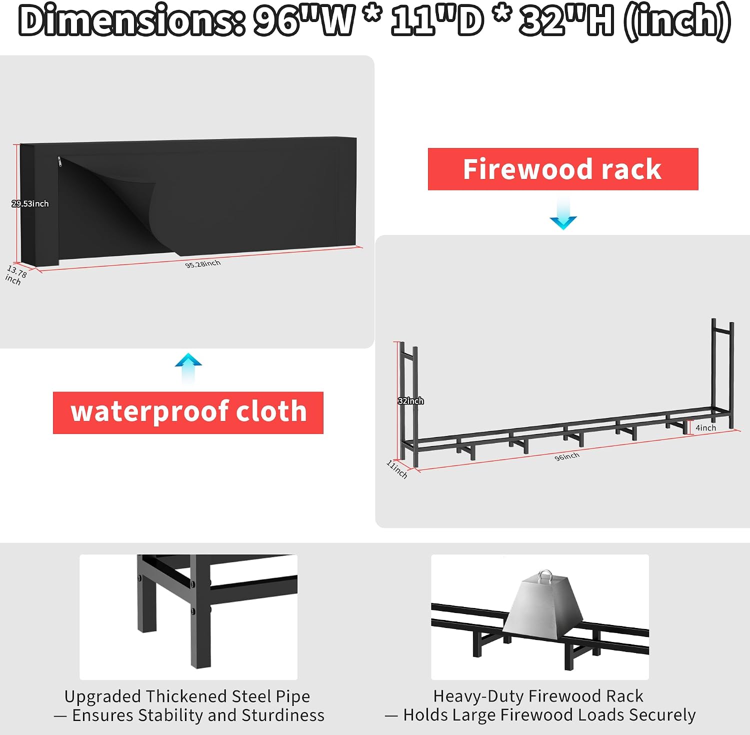 DIAMONDFORGE 8ft Firewood Rack Outdoor with Cover, Heavy Duty Fire Wood Stand, Metal Firewood Rack Indoor, Firewood Holder Storage, Log Wood Pile Racks Stand for Patio, Garden, Backyard, Matte Black