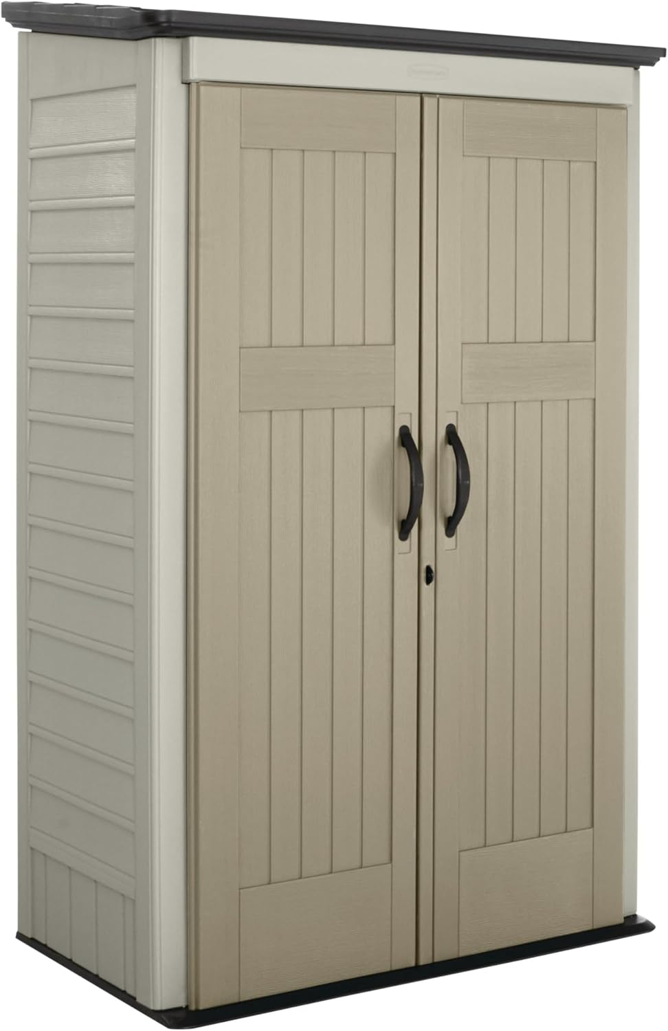 Rubbermaid Vertical Resin Outdoor Storage Shed With Floor (4 x 2.5 Ft) Weather Resistant Beige/Brown Organization for Home/Backyard/Pool Chemicals/Toys/Garden Tools/Porch/Patio Cushions