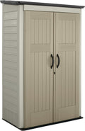 Rubbermaid Vertical Resin Outdoor Storage Shed With Floor (4 x 2.5 Ft) Weather Resistant Beige/Brown Organization for Home/Backyard/Pool Chemicals/Toys/Garden Tools/Porch/Patio Cushions