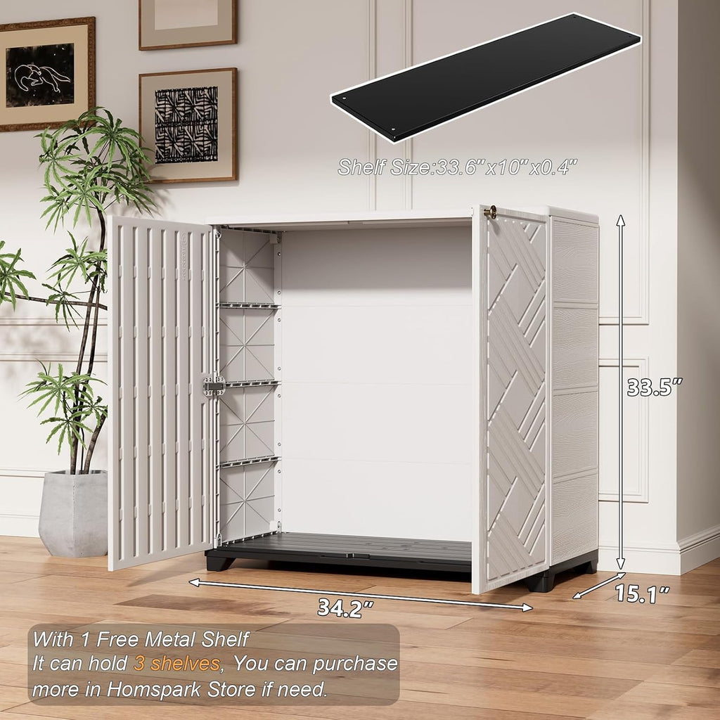 HOMSPARK Indoor/Outdoor Storage Cabinet with Doors and 1 Shelf, 34'x15'x34' HDPE Plastic Storage Box for Patio, Garden, Enterway, Balcony, Multi-Purpose for Daily Tools, White