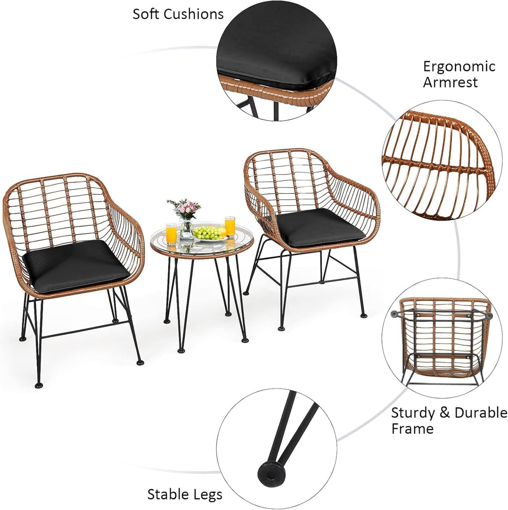 COSTWAY 3 Pieces Patio Bistro Set, Outdoor Rattan Conversation Seating Chair Set with Coffee Table & Soft Cushions, Indoor Wicker Furniture Set for Garden, Balcony, Porch, Pool, Black