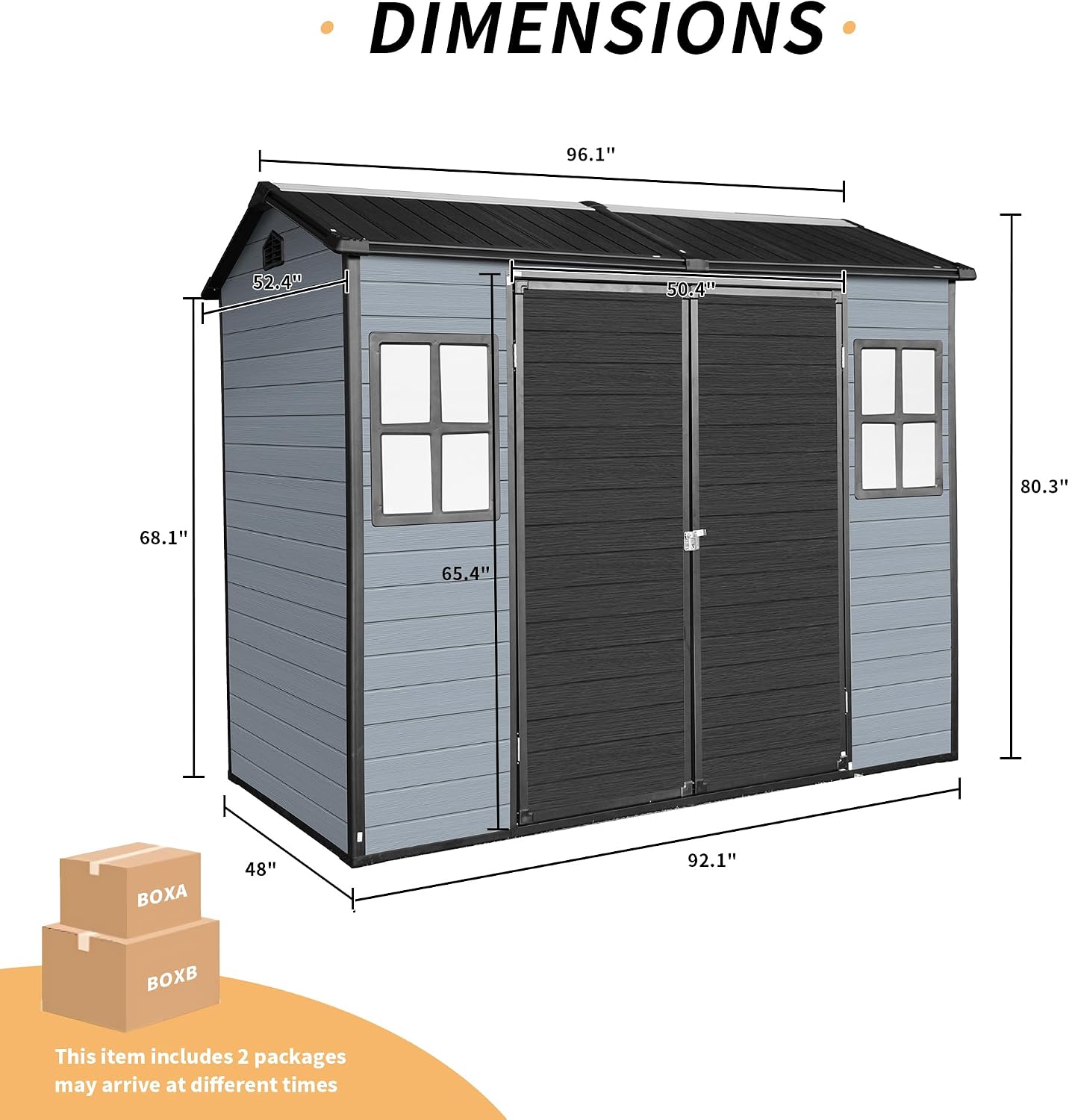 YOPTO 4x8 Ft Resin Outdoor Storage Shed Weather Resistant with Floor,Outdoor Resin Storage Shed W/ 2 Windows,Garden Tool House W/Lockable Door & Slpoed Roof,for Backyard,Patio,Lawn,Gray+Black