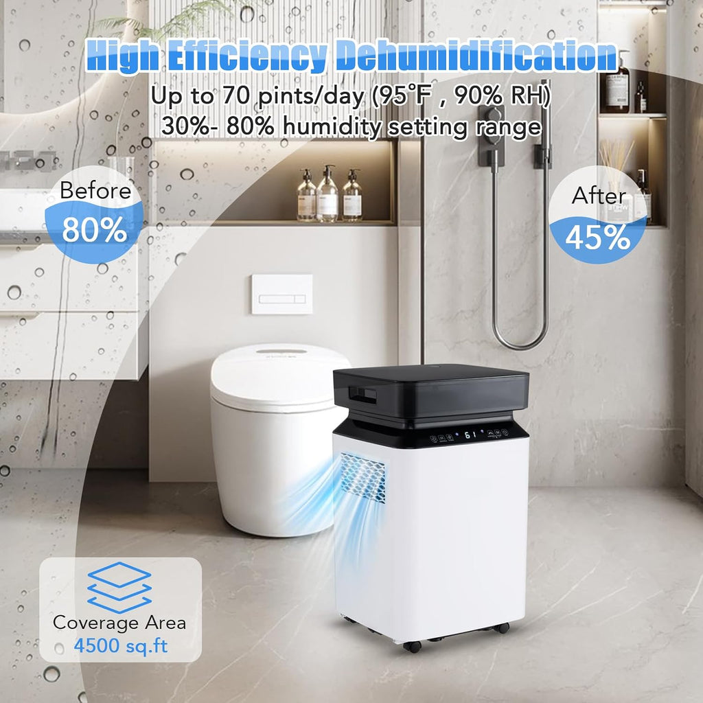 ARLIME 70 Pint Dehumidifier for Basement, 4500 Sq. Ft Energy Efficient Dehumidifier for Home w/Continuous & Auto Mode, 2.2 Gallon Large Water Tank, Auto or Manual Drainage & 4 Wheels (70 Pint), White