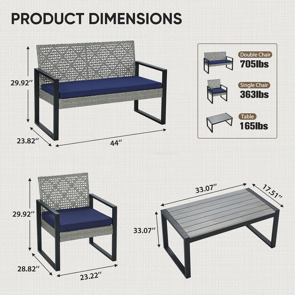COOS BAY Haven Lounge 4 Piece Rattan Patio Furniture Set, Outdoor Wicker Patio Conversation Set for Balcony & Backyard, Light Gray/Blue