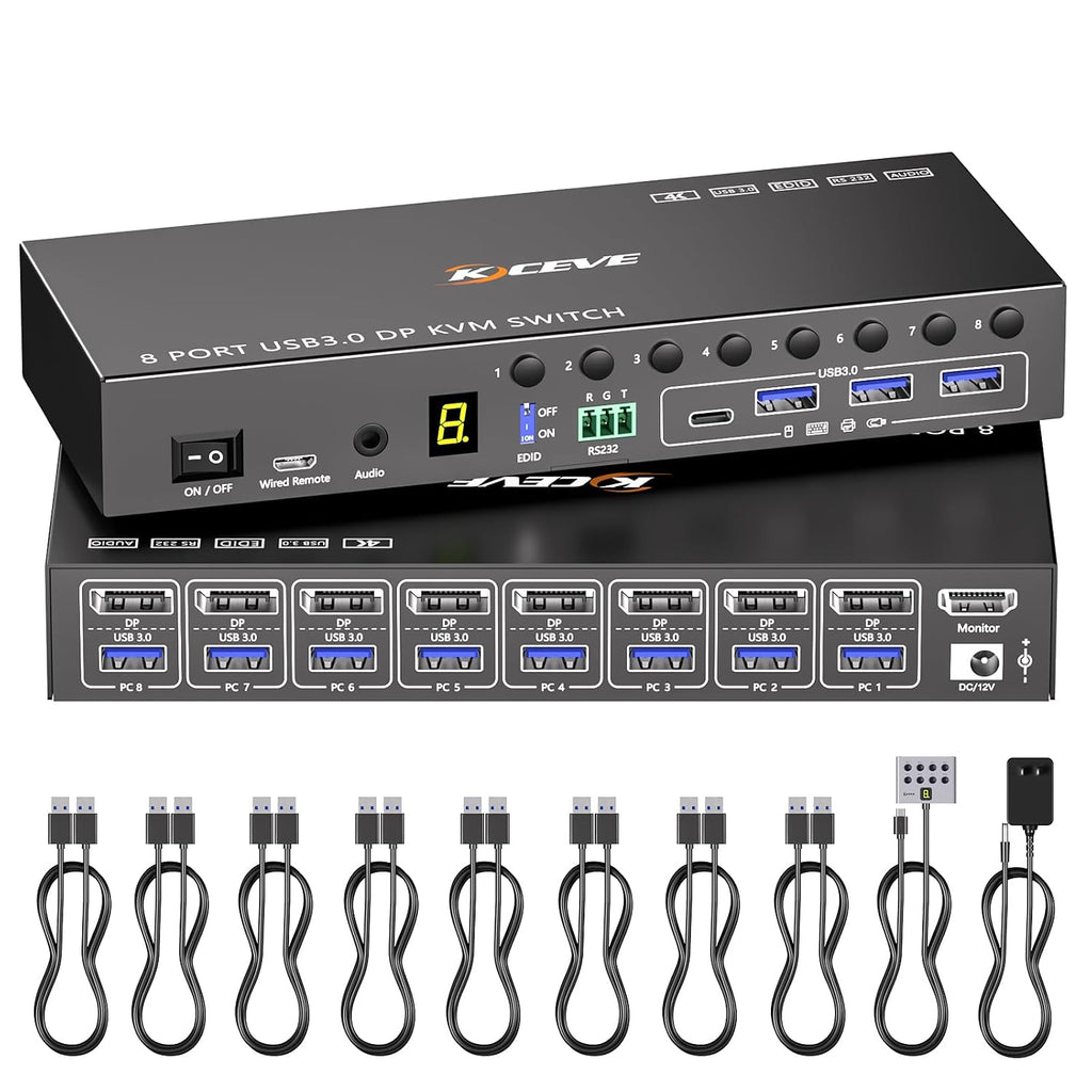8 Port DisplayPort KVM Switch 4K@60Hz EDID Simulation, USB 3.0 DP KVM Switch for 8 Computers Share 1 Monitor and 4 USB Devices, Audio RS232,Wired Remote, 12V Power Supply & 8 USB Cables Included