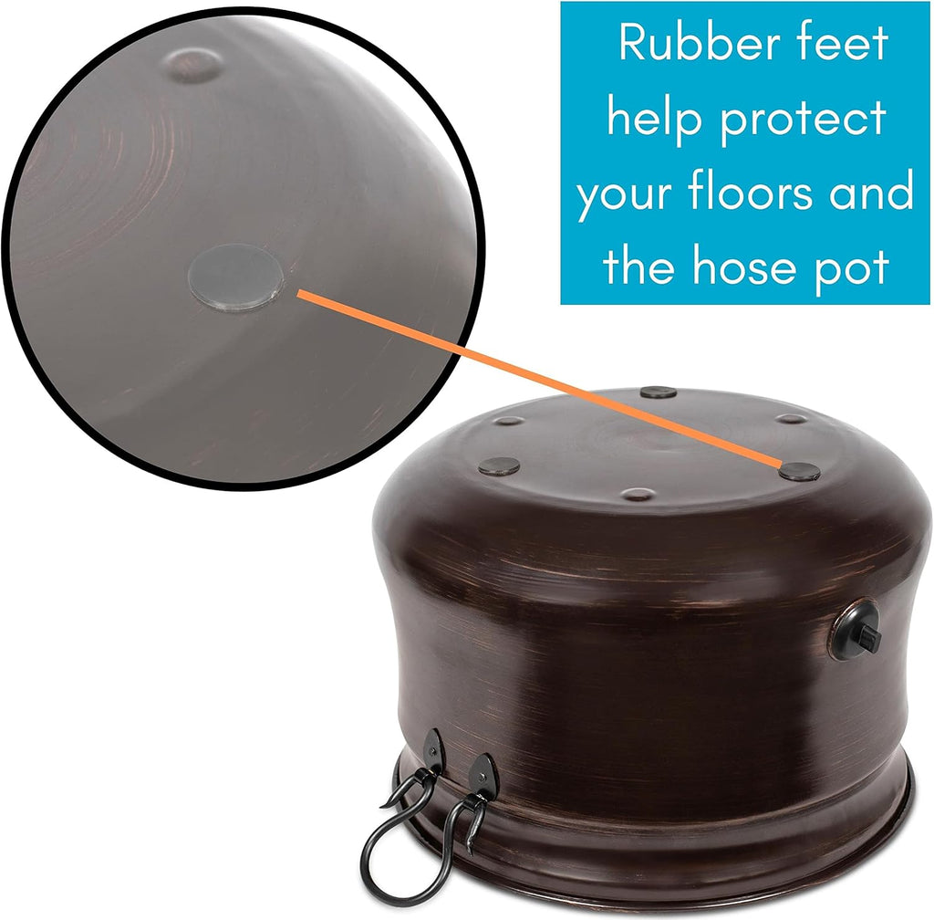 BIRDROCK HOME Water Hose Holder - Decorative Metal Pot, Indoor or Outdoor, Garden Storage Organizer, Patio Portable Bucket - Distressed Bronze, Holds up to 200ft Hoses, Large with Lid