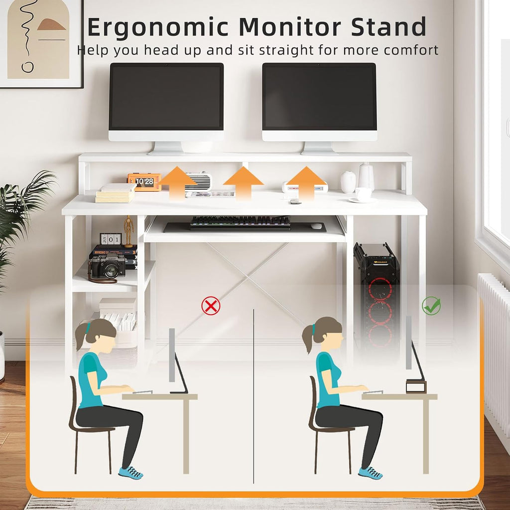 VERMESS 48 Inch Computer Desk, Home Office White With Keyboard Tray, Gaming With Full Monitor Stand, Storage Shelves & CPU Stand, Modern Study Writing Table Studio Work With Shelf
