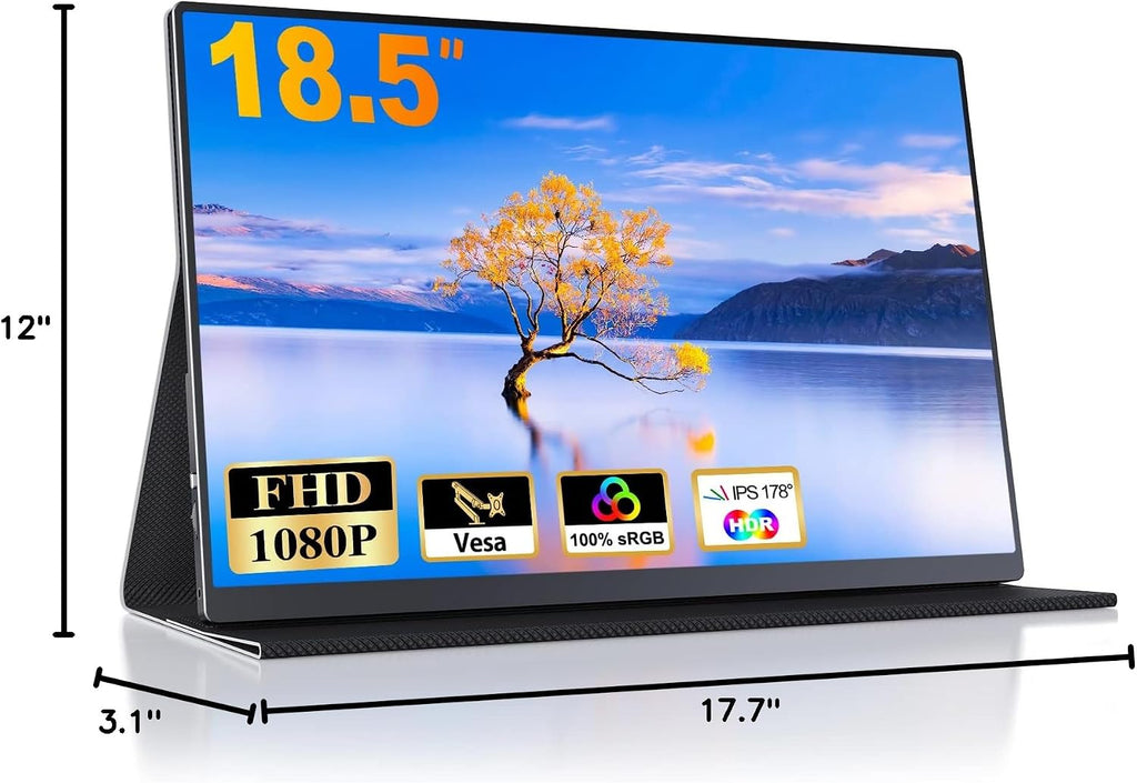18.5 Inch Portable Monitor for Laptop, FHD 1080P 100% sRGB Travel Monitors for Laptop, Portable Computer IPS Display w/VESA, External Monitor USB-C HDR HDMI Portable Screen w/Smart Cover & Speakers