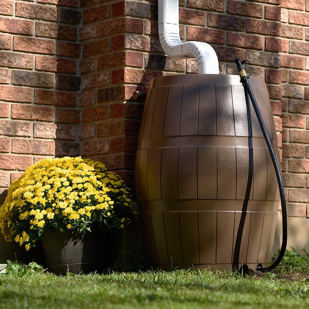 FCMP Outdoor Raincatcher 4000 Rain Barrel, Flat-Back Rainwater Catcher with Spigots, 50 Gallon, Brown - Portable Water Storage Container Tank for Home, Garden, and Backyard