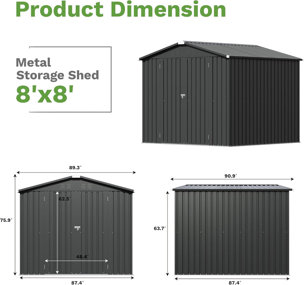 Patiowell 8x8 FT Outdoor Storage Shed, Metal Tool Sheds, Black