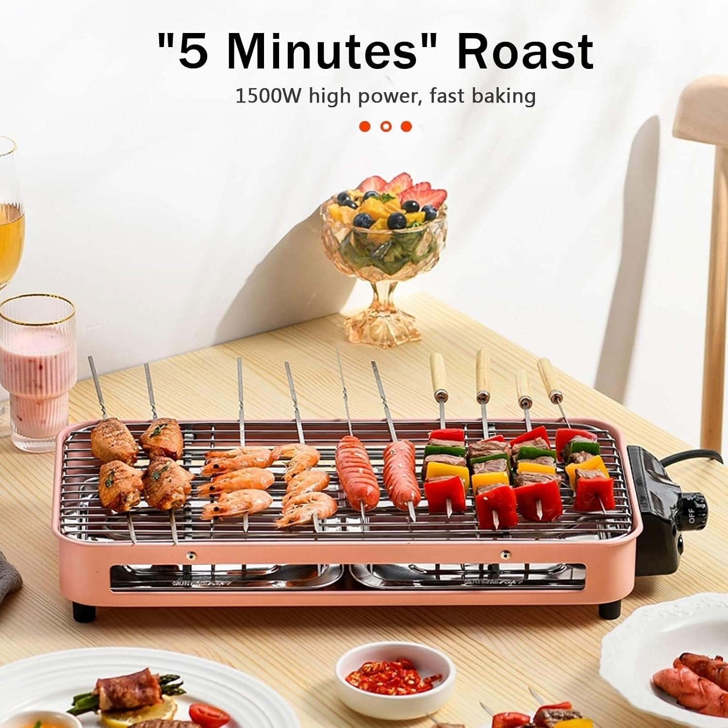Smokeless Table Grill, Electric BBQ Grill 1500 W for Indoor Outdoor Use, Electric Table Top Griddle, Non-Stick Coating Grill Surface 42.5x20.5 cm, Removable Grease Tray, for Festival Party,Pink(Green)