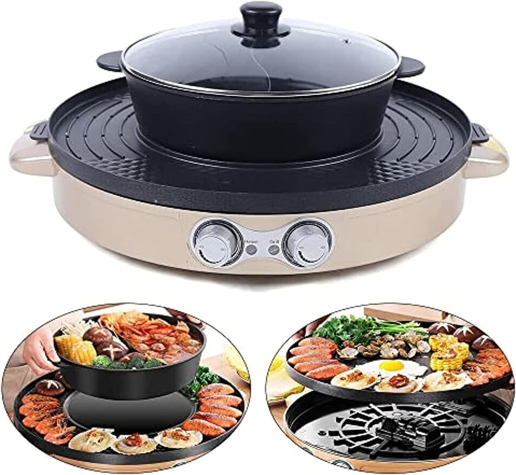 2 In 1 Electric Grill Pan Hot Pot, Multifunctional Removable Hotpot Indoor BBQ Pot with Separate Dual Temperature Contral Stepless Adjustment Knob, Smokeless BBQ Teppanyaki Grill