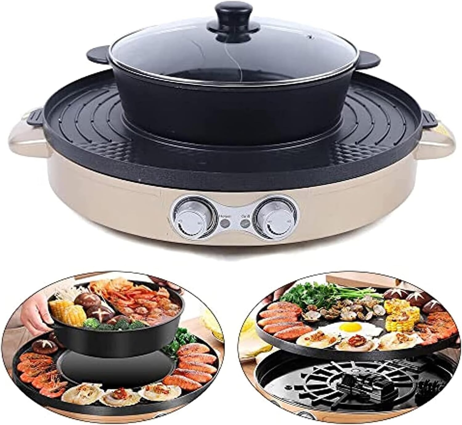2 In 1 Electric Grill Pan Hot Pot, Multifunctional Removable Hotpot Indoor BBQ Pot with Separate Dual Temperature Contral Stepless Adjustment Knob, Smokeless BBQ Teppanyaki Grill