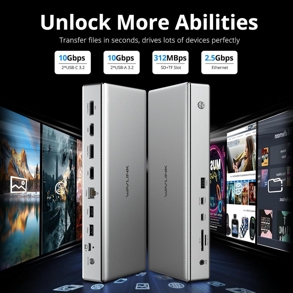WAVLINK USB C DisplayLink (DL7400) Premium Docking Station, 2xHDMI and 2xDP, Dual 8K@60Hz,Quad 4K@60Hz for Windows 10/11 and Mac M1-M5/Macbook Neo,100W PD Charging to Host, 2.5G Ethernet,USB C, SD4.0