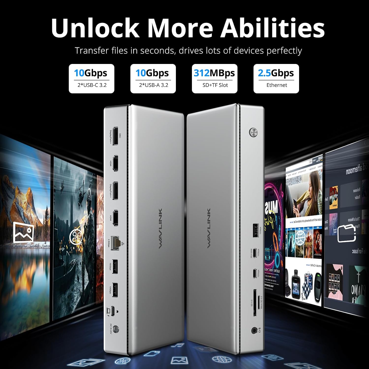 WAVLINK USB C DisplayLink (DL7400) Premium Docking Station, 2xHDMI and 2xDP, Dual 8K@60Hz,Quad 4K@60Hz for Windows 10/11 and Mac M1-M5/Macbook Neo,100W PD Charging to Host, 2.5G Ethernet,USB C, SD4.0