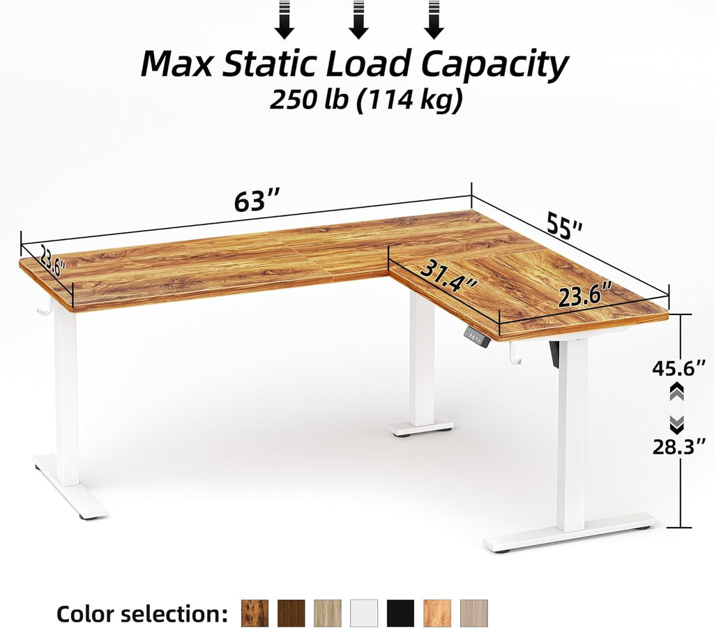 TIQLAB Standing Desk L Shaped, 63x55 Inch Adjustable Height, Electric Stand Up Desk, Corner Sit Stand Desk with Splice Board, Light Rustic Brown