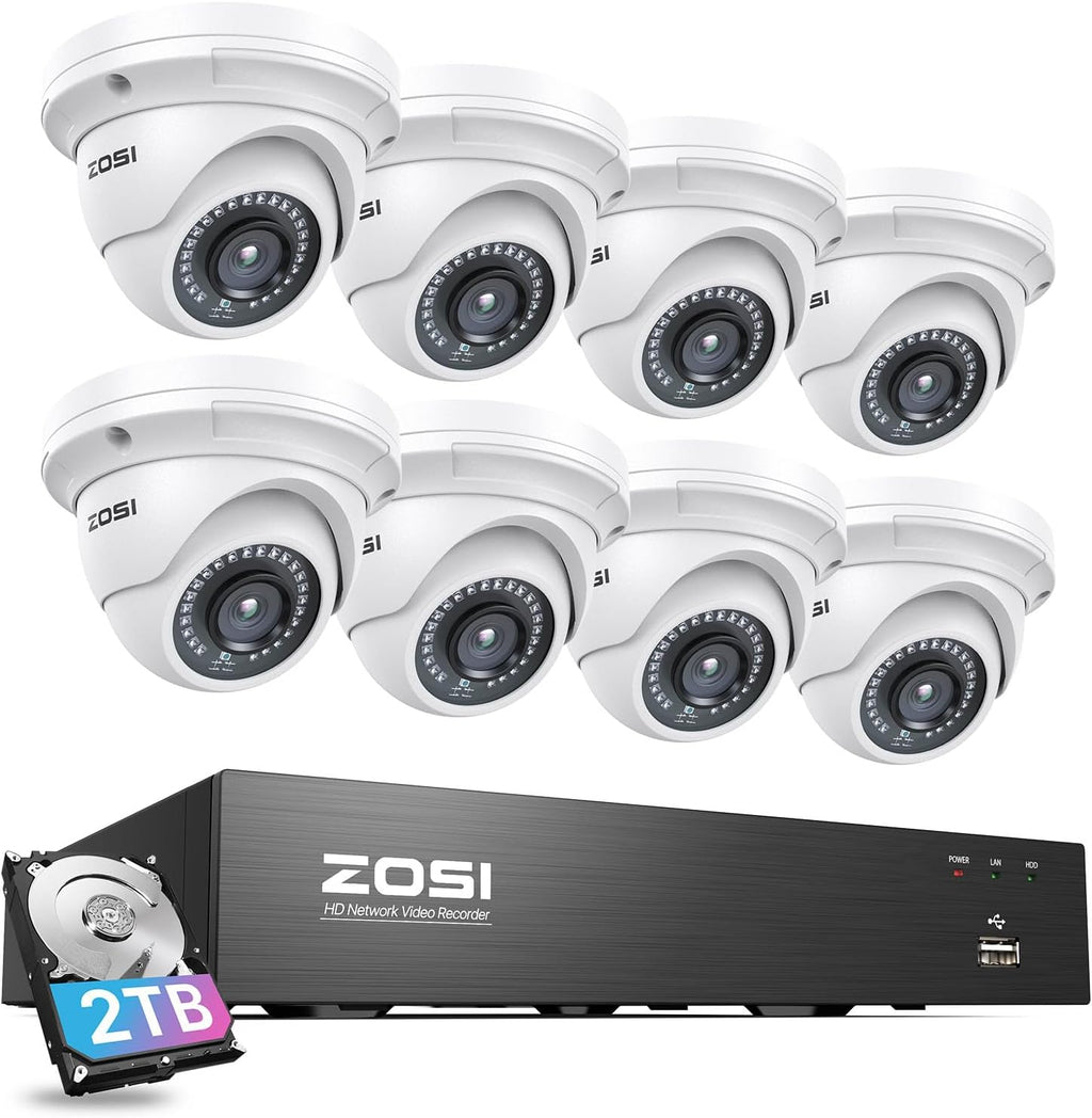 ZOSI 8CH 4K PoE Home Security System with 2TB HDD, 8pcs 3K 5MP Weatherproof Metal Outdoor Indoor PoE Cameras, Night Vision, Motion Detection, Remote Access, 8MP Surveillance NVR for 24/7 Recording