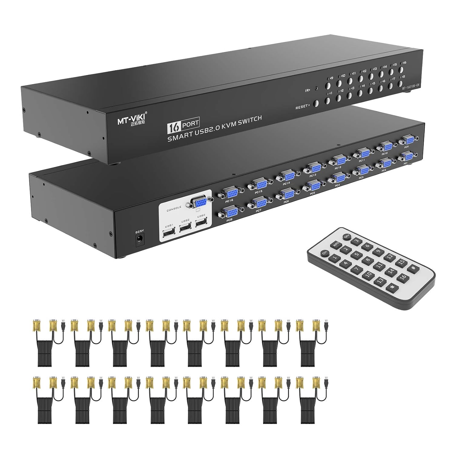 MT-VIKI 16 Port KVM Switch, 16X1 Rackmount KVM Switch VGA, Included 16 KVM Cables & Remote, Fit 1U 19'' Rack