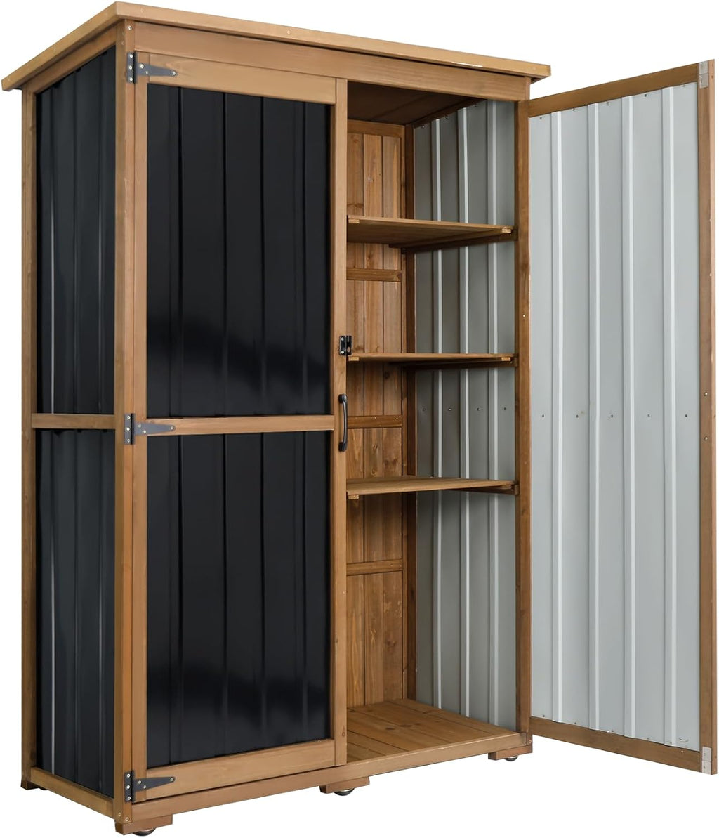 PetsCosset 46' L Large Outdoor Storage Cabinet with Shelves, Wood & Metal Storage Shed Weather-Resistant, Outside Storage Cabinet for Garage Patio Backyard Garden with Waterproof Roof