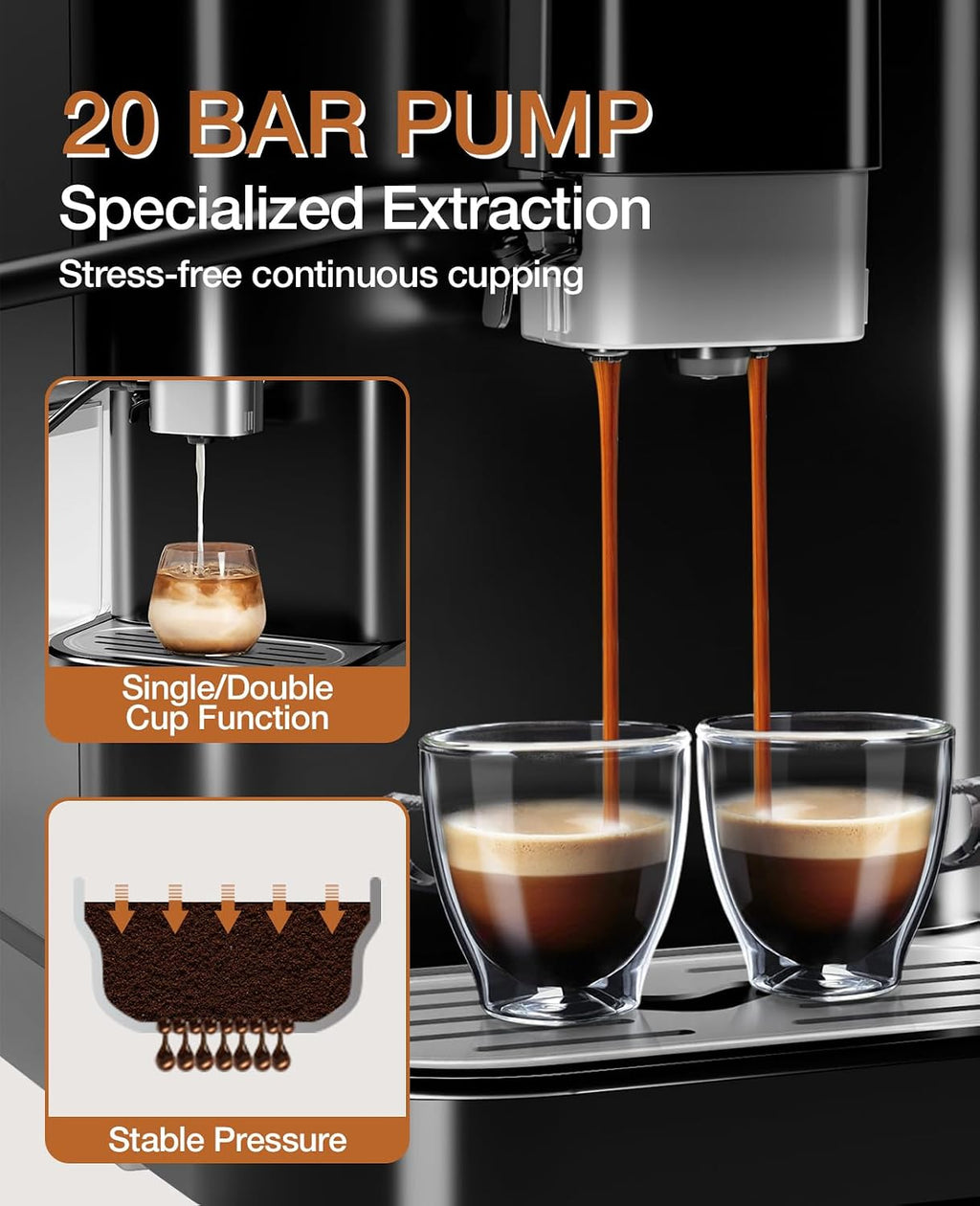 Automatic Espresso Machine with 20 Bar Pressure – One-Touch Coffee Maker, Built-in Grinder & Milk Frother, 6 Custom Recipes, 1.5L Water Tank, Auto Self-Cleaning, 120V for Home & Office (Black&Silver)