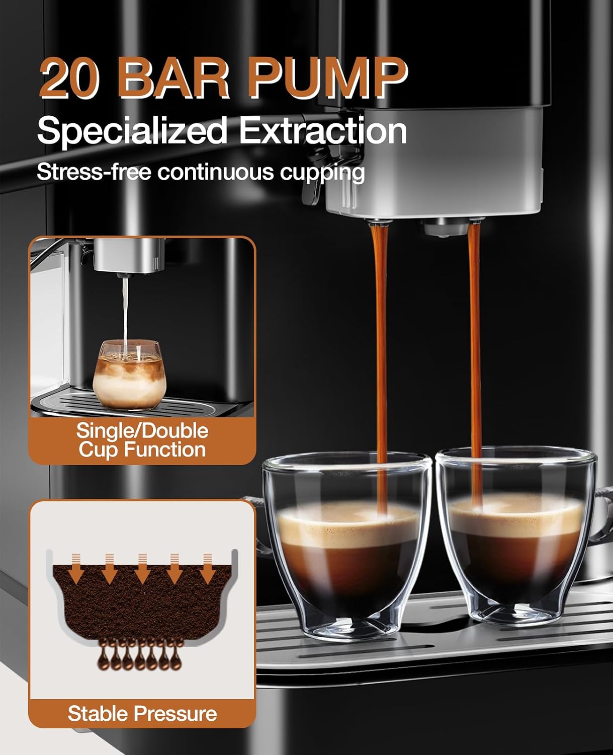 Automatic Espresso Machine with 20 Bar Pressure – One-Touch Coffee Maker, Built-in Grinder & Milk Frother, 6 Custom Recipes, 1.5L Water Tank, Auto Self-Cleaning, 120V for Home & Office (Black&Silver)