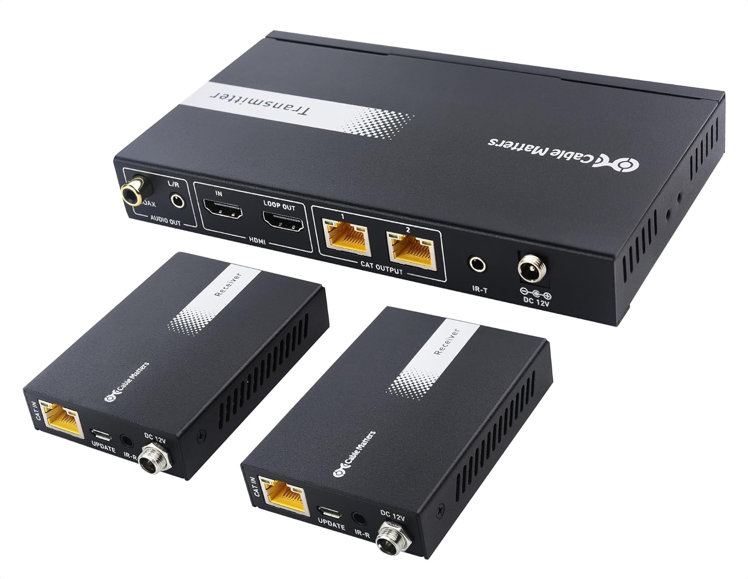 Cable Matters 4K@60Hz 4K HDMI Extender Splitter 1x2 with Local Loopout, IR Extension, and Dual Remote Display Support - Extends 4K@60Hz Video up to 115ft, 1080P@60Hz Video to 197ft