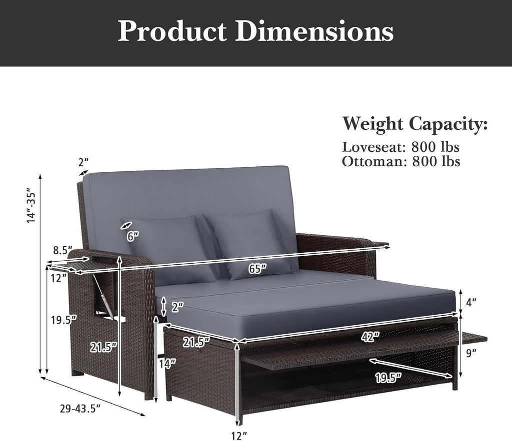 Tangkula Patio Rattan Daybed with 4-Level Adjustable Backrest, Outdoor PE Wicker Loveseat with Storage Ottoman & Folding Side Tray, Double Sunbed Lounger for Balcony, Backyard & Poolside, Grey & Brown