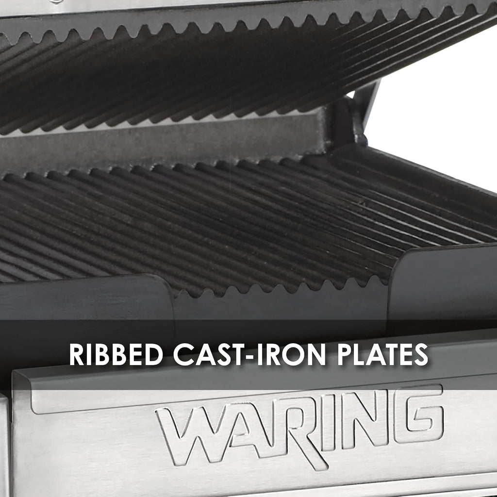Waring Commercial WPG150 Panini Perfetto® Compact Ribbed Panini Grill, 20 Minute Countdown Timer, 208V, 2400W, 6-15 Phase Plug