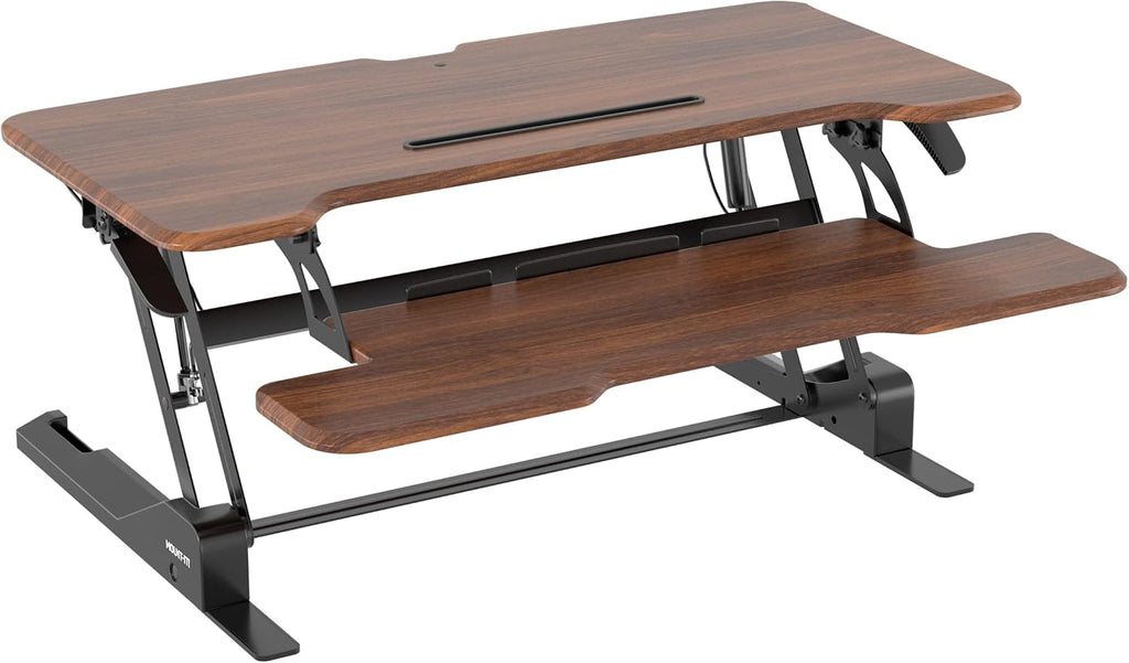Mount-It! 38 Inch Standing Desk Converter, Sit Stand Desk Riser for Dual Monitors with Keyboard Tray, Height Adjustable Desktop Workstation, Easy Lift Gas Spring, Rustic Walnut Brown