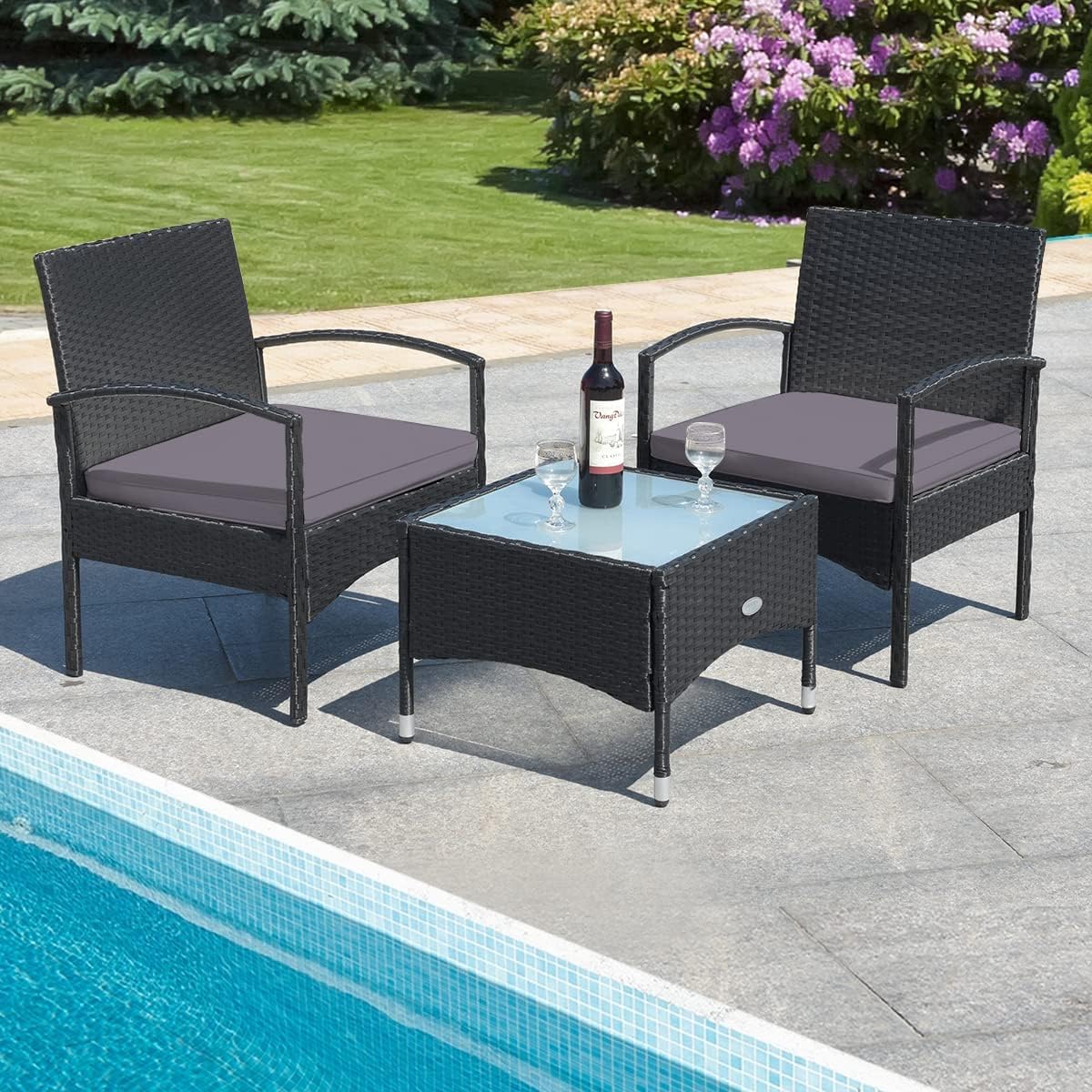 HAPPYGRILL 3 Pieces Rattan Patio Bistro Set, Outdoor Conversation Set, Patio Furniture Set with Glass Coffee Table & Soft Cushions for Balcony Garden Poolside