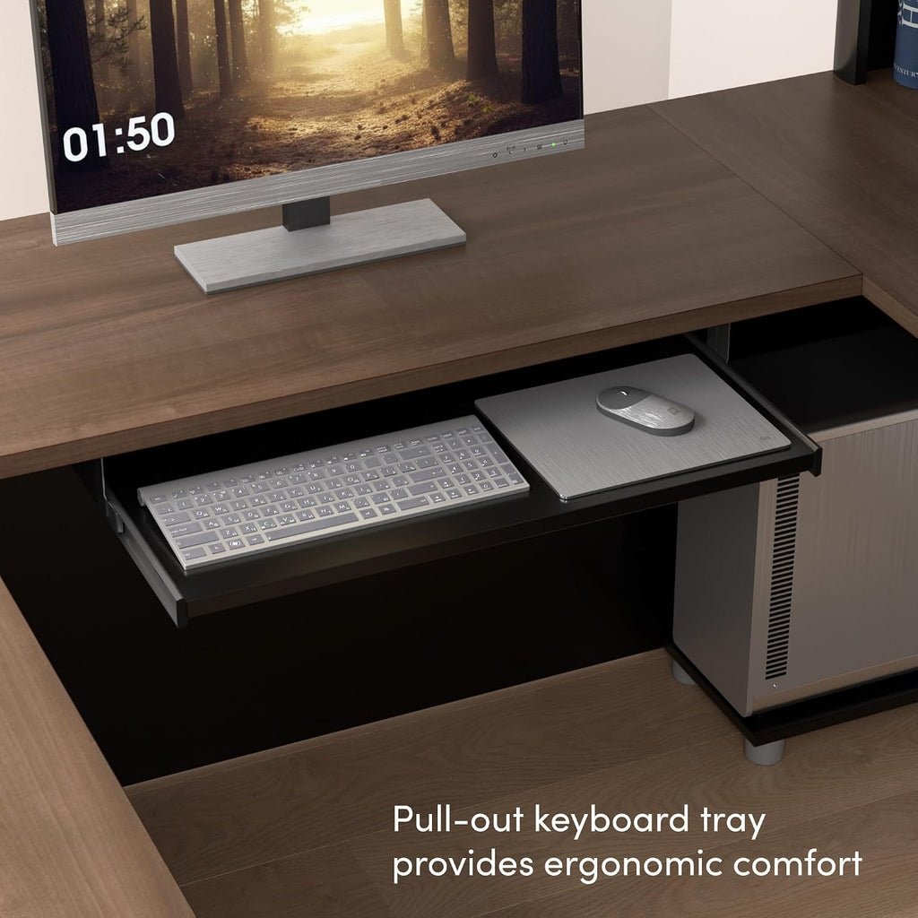 Bestar L Shaped Desk with Drawers and Keyboard Tray, Executive Workstation for Home or Professional Office, 72 Inches, Connexion Collection, Antigua and Black