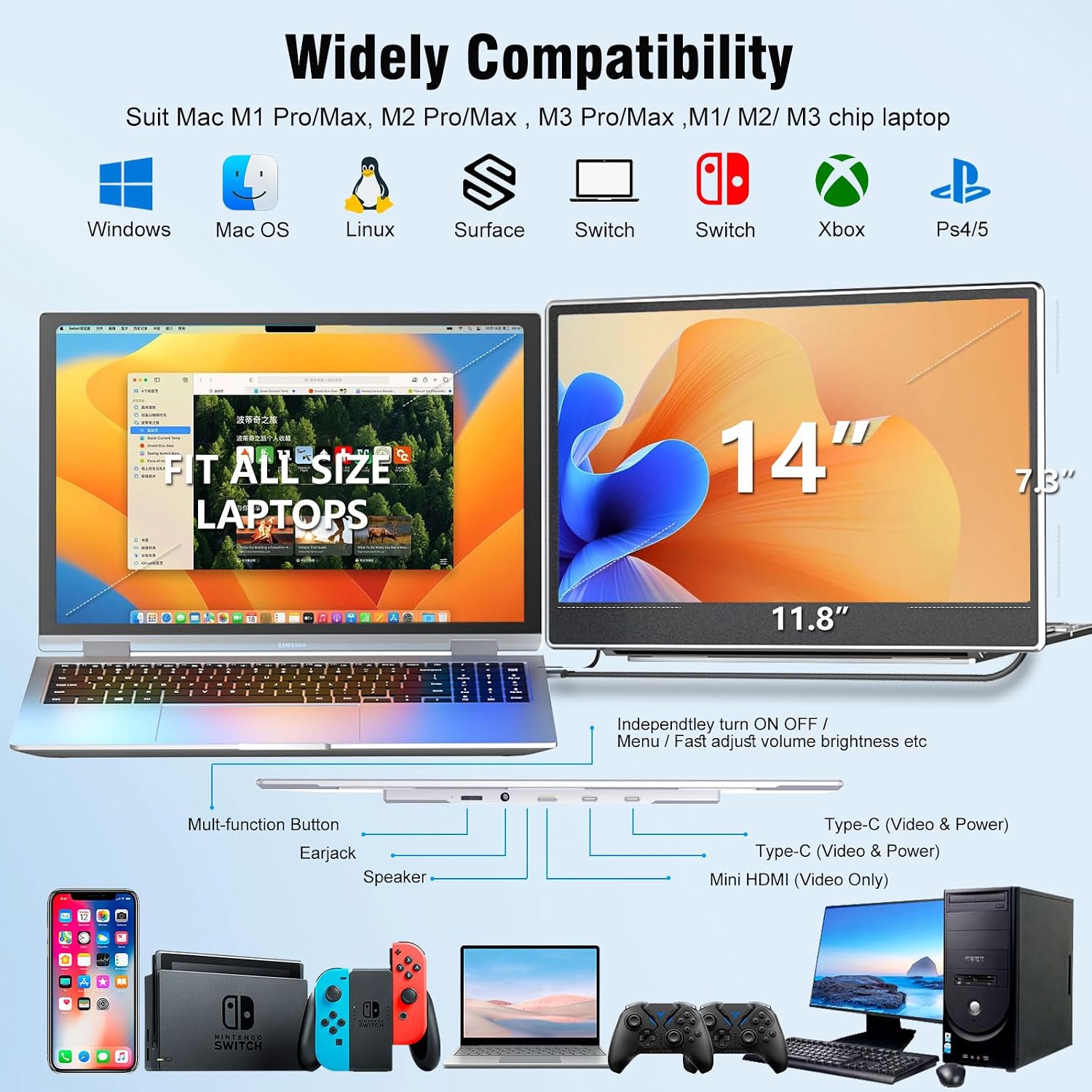 KEFEYA Laptop Screen Extender Portable Monitor, 14' FHD IPS 1200P Travel Dual Second Monitor for Laptop