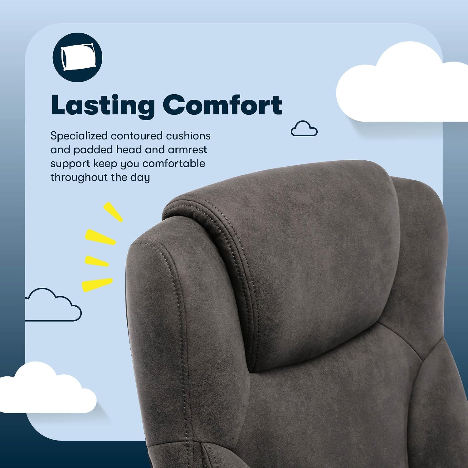Serta Comfort Eco Office Chair, Ergonomic Mid-Back with Lumbar Support, Semi-Plush Seat Cushion and Layered Body Pillows, Padded Armrests, Metal Swivel Base, Soft Velvet Fabric, Brown