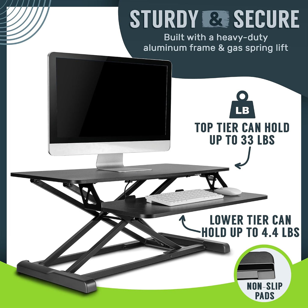 TechOrbits Standing Desk Converter - 32 Inch Adjustable Sit to Stand Up Workstation, Particle Board, Dual Monitor Desktop Riser with Keyboard Tray, for Home Office Laptop, Black 32'