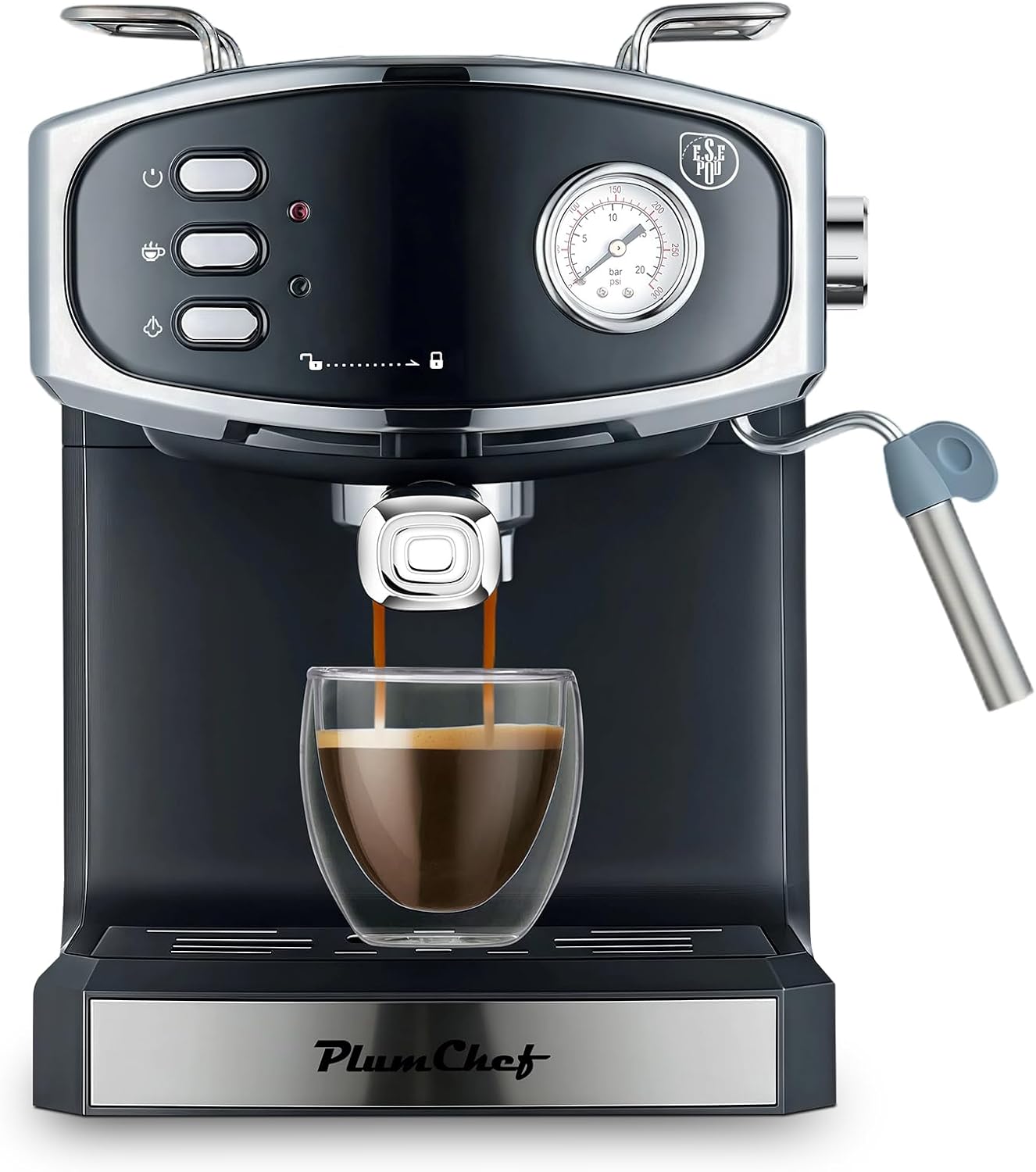 Plum chef 20 Bar Espresso Coffee Maker for Home - Professional Compact Coffee Maker witn Steam Wand Milk Frother, Pressure Gauge, 54oz Tank - Low Noise Fast Brew for Cappuccino, Latte,black