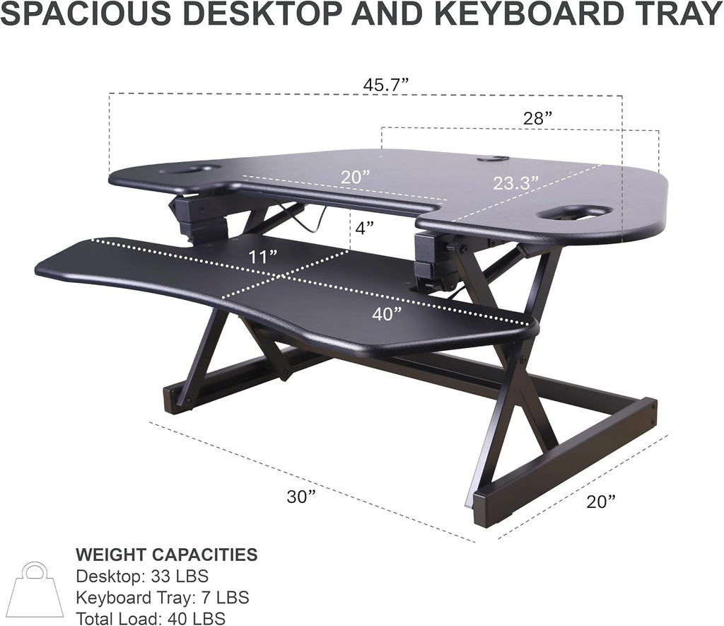 Rocelco 46' Height Adjustable Corner Standing Desk Converter - Quick Sit Stand Up Dual Monitor Riser - Gas Spring Assist Tabletop Computer Workstation - Large Keyboard Tray - Black (R CADRB-46)