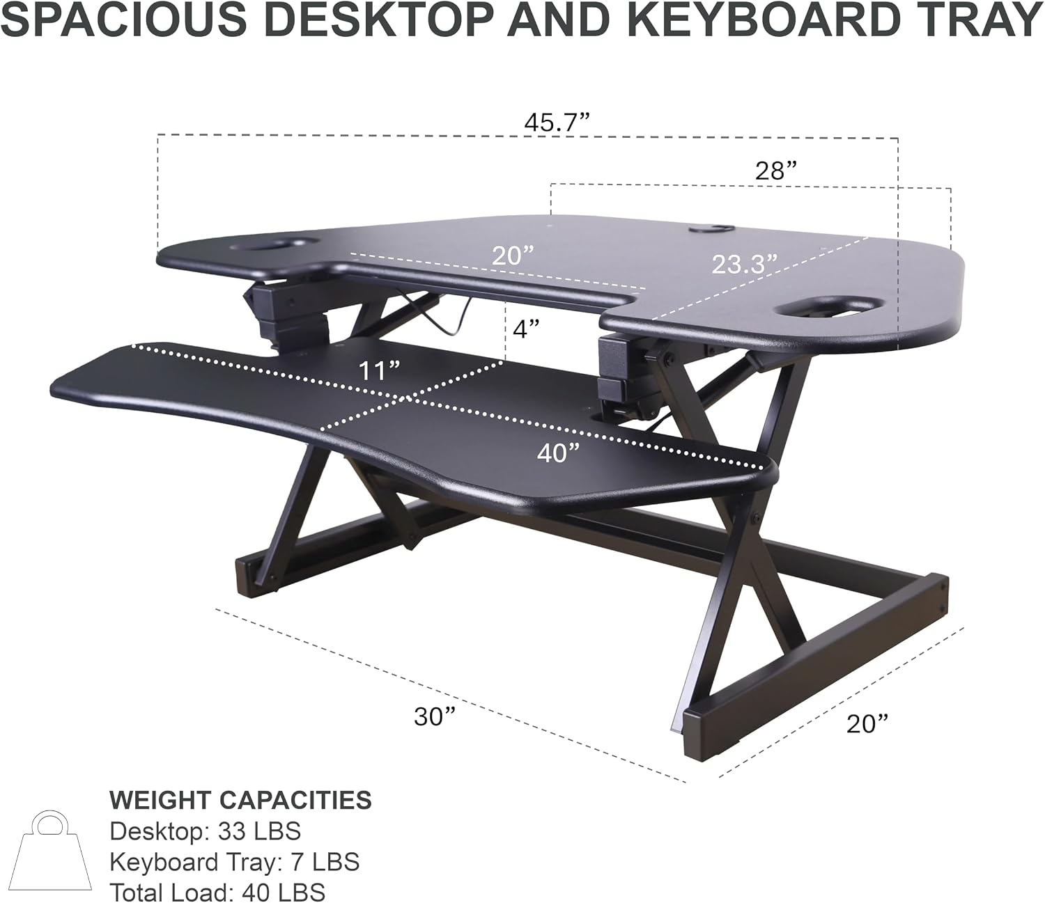 Rocelco 46' Height Adjustable Corner Standing Desk Converter - Quick Sit Stand Up Dual Monitor Riser - Gas Spring Assist Tabletop Computer Workstation - Large Keyboard Tray - Black (R CADRB-46)