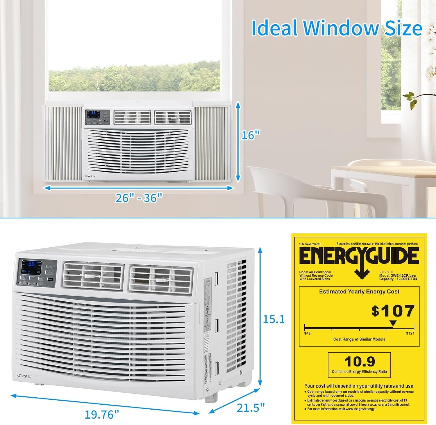 ROVSUN 12000 BTU Air Conditioner Window Unit, 3-in-1 Window AC Unit Cooler, Dehumidifier & Fan with Timer, Remote Control & Installation Kit, Cooling Rooms up to 550 Sq. Ft, 115V/60Hz