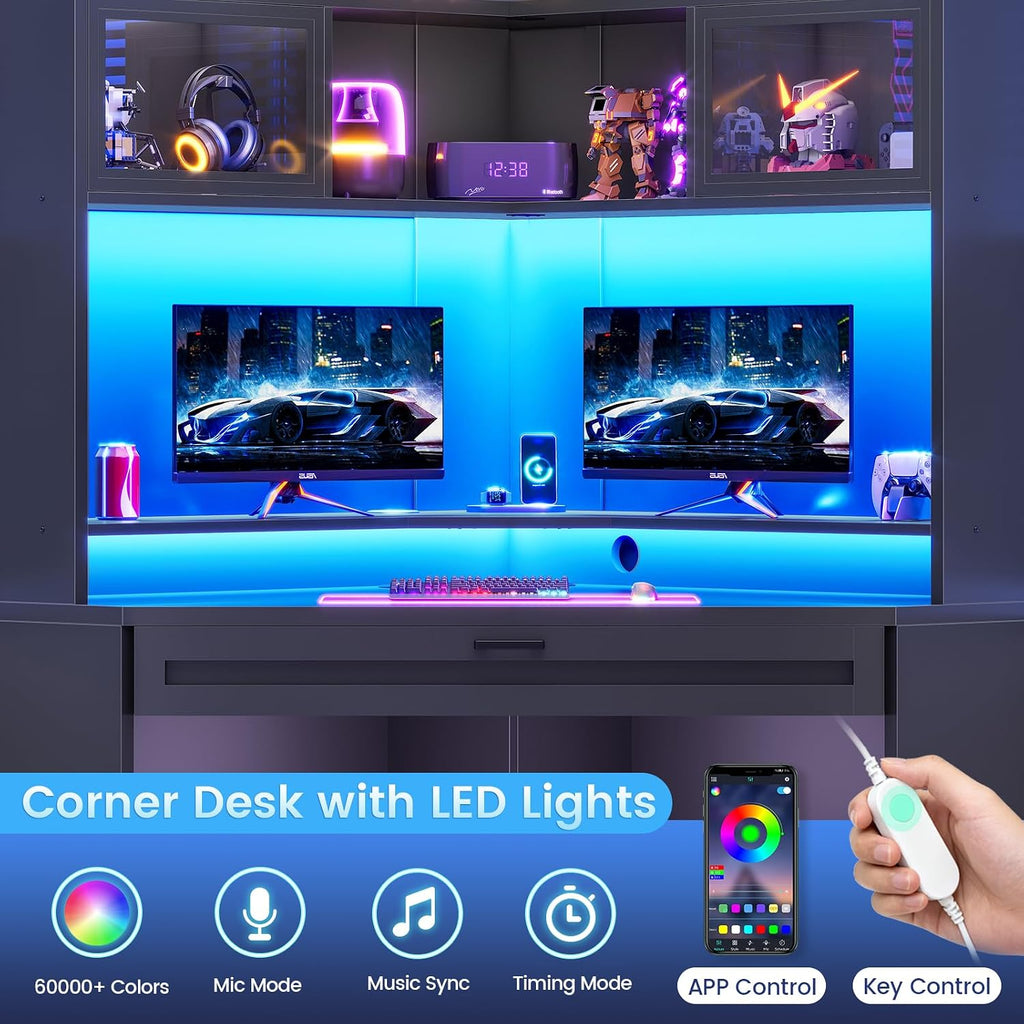 SEDETA 31.5' Corner Desk with Drawers, Small Office Computer Desk with Storage Shelves & Hutch for Small Space, Gaming Desk with LED Lights & Power Strip for Home Office, Black