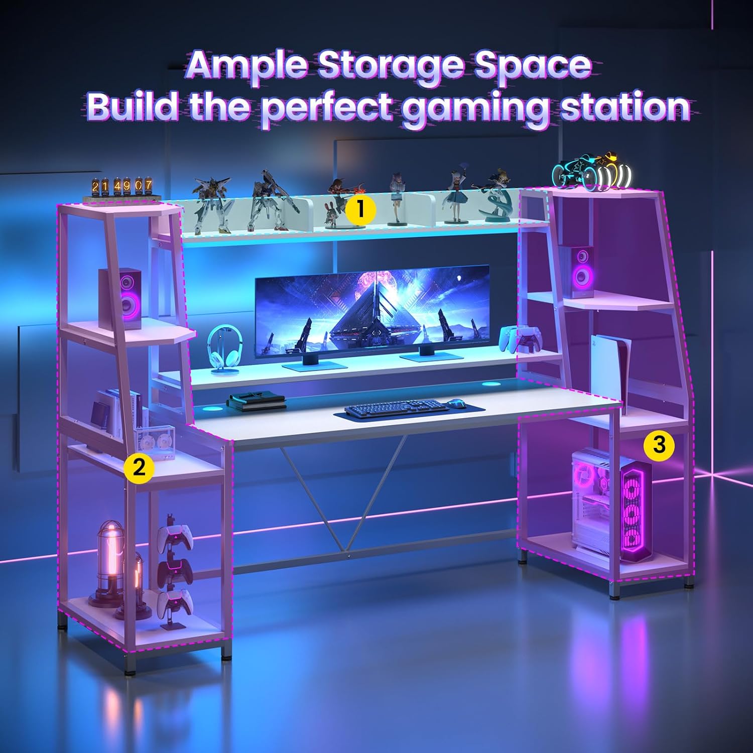 SEDETA White Gaming Desk 78.8'' with LED Lights, Hutch and Storage Shelves, Computer Desk with Monitor Stand, Large PC Gamer Desk Workstation, Ergonomic Gaming Table for Bedroom, Living Room