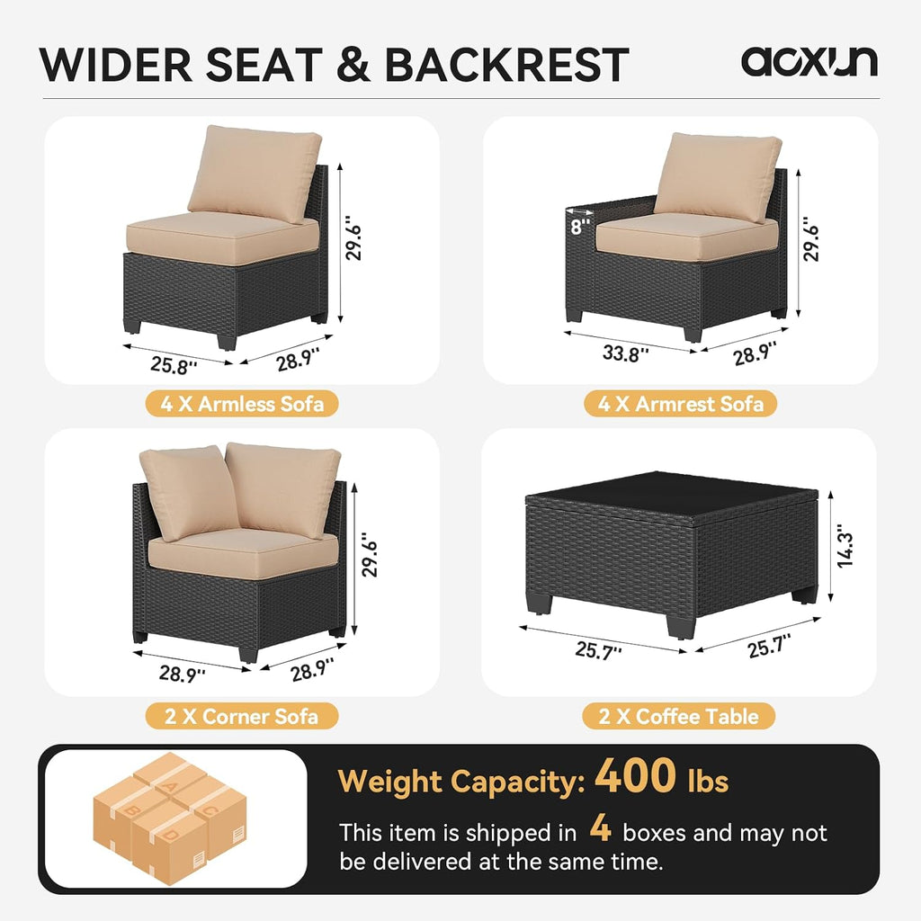 Aoxun Patio Furniture Set, 12 Pcs Outdoor Patio Furniture Sets with 4 in Thicken Cushion and Coffee Table, Widen Armrests Wicker Outdoor Sectional for Backyard and Garden, Beige