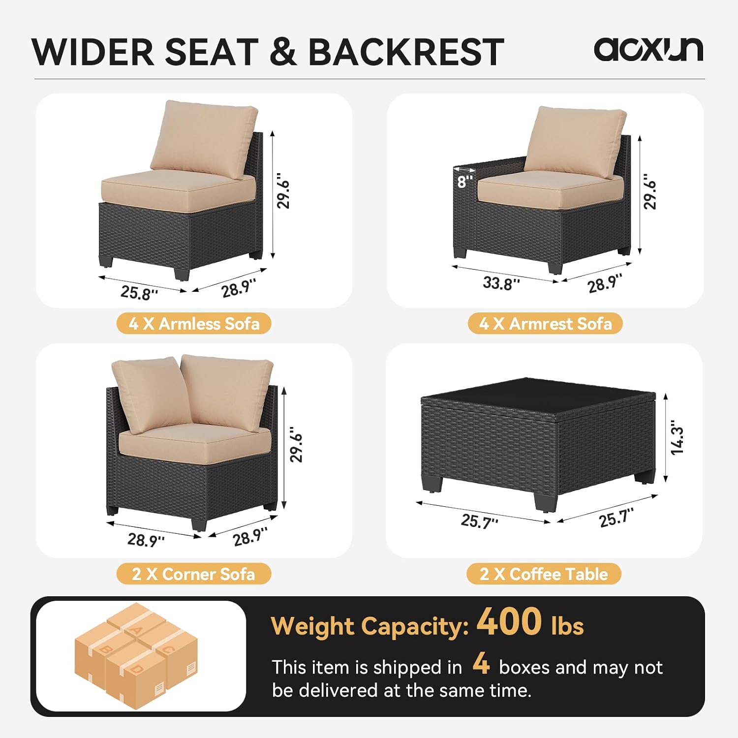 Aoxun Patio Furniture Set, 12 Pcs Outdoor Patio Furniture Sets with 4 in Thicken Cushion and Coffee Table, Widen Armrests Wicker Outdoor Sectional for Backyard and Garden, Beige