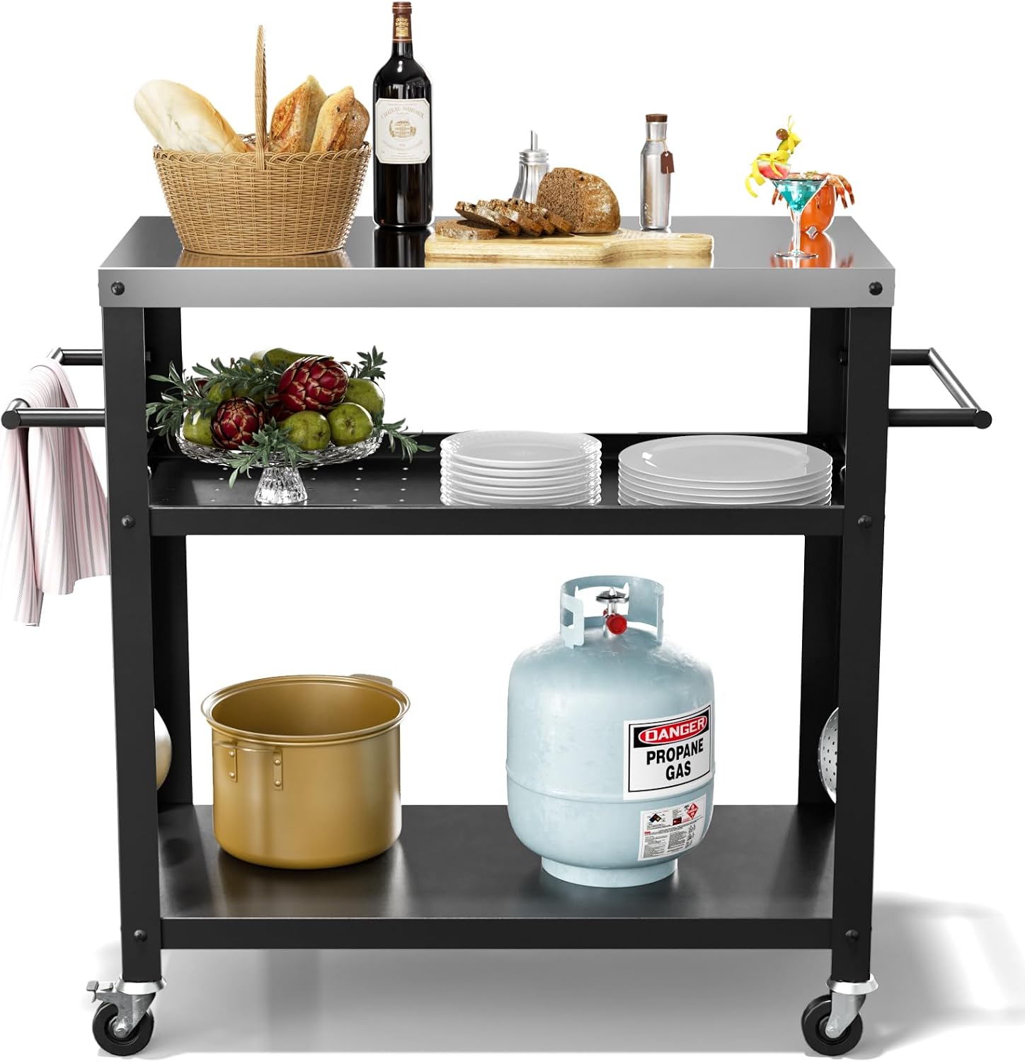 Nessxa Outdoor Grill Cart with Three-Shelf, Stainless Steel Pizza Oven Table for Outside, Dining Kitchen Cart with Two Side Handle, Garden Patio BBQ Kitchen Food Prep Table Cart (Black)